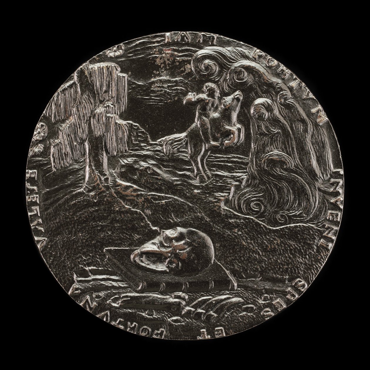 Libro, teschio, ossa e cavaliere nel paesaggio [retro], 1526 da Master M.P.