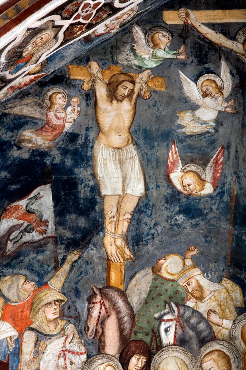 Il ladro pentito, crocifisso con Gesù, la sua anima è abbracciata da un angelo Rappresentazione del buon ladrone, anche chiamato San Dismas da Master Trecentesco of Sacro Speco School