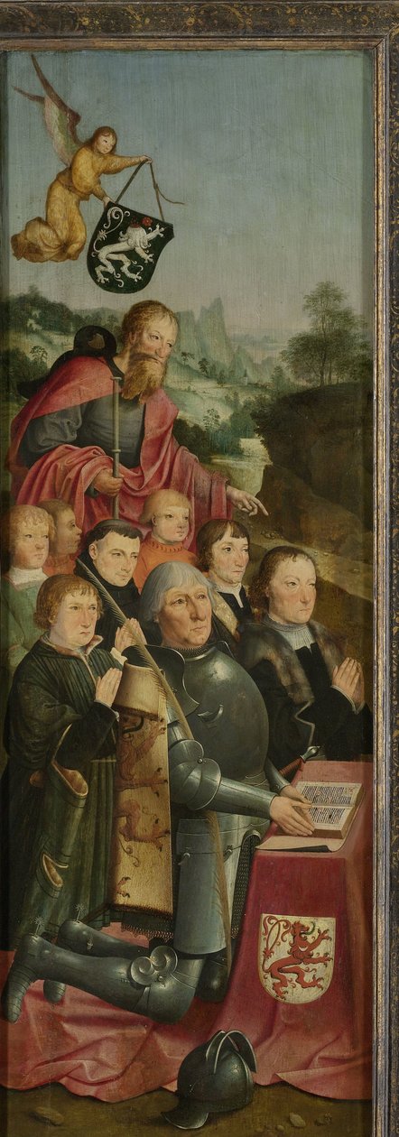 Pannello commemorativo con otto ritratti maschili, probabilmente Willem Jelysz van Soutelande e famiglia, con San Giacomo Maggiore e lo stemma della famiglia Van Soutelande, ala sinistra interna di un altare da Master of Alkmaar