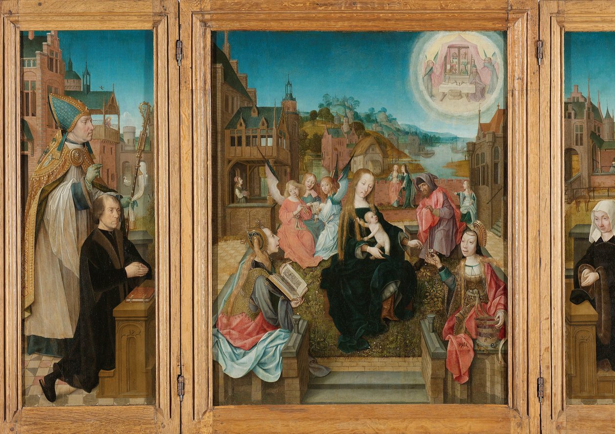 Trittico con la Vergine e il Bambino con Santi (centro), donatore maschio con San Martino (ala sinistra interna), donatrice femmina con Santa Cunera (ala destra interna), e l