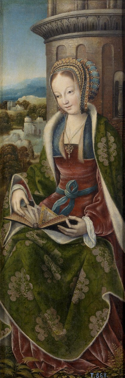 Trittico della Sacra Famiglia con angeli musicanti. Pannello destro: Santa Barbara da Master of Frankfurt