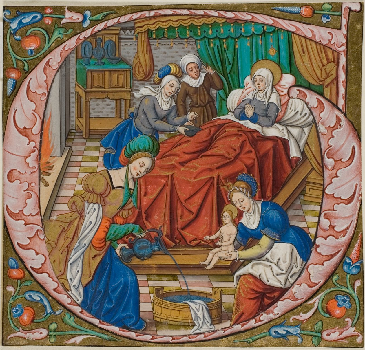 La nascita della Vergine in una lettera miniata "G" da un antifonario da Master of Jacques de Besançon