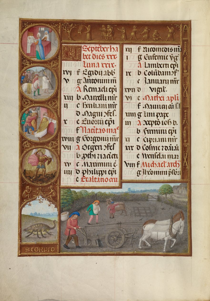 Pagina del calendario di settembre; Aratura e semina; Scorpione da Master of James IV of Scotland