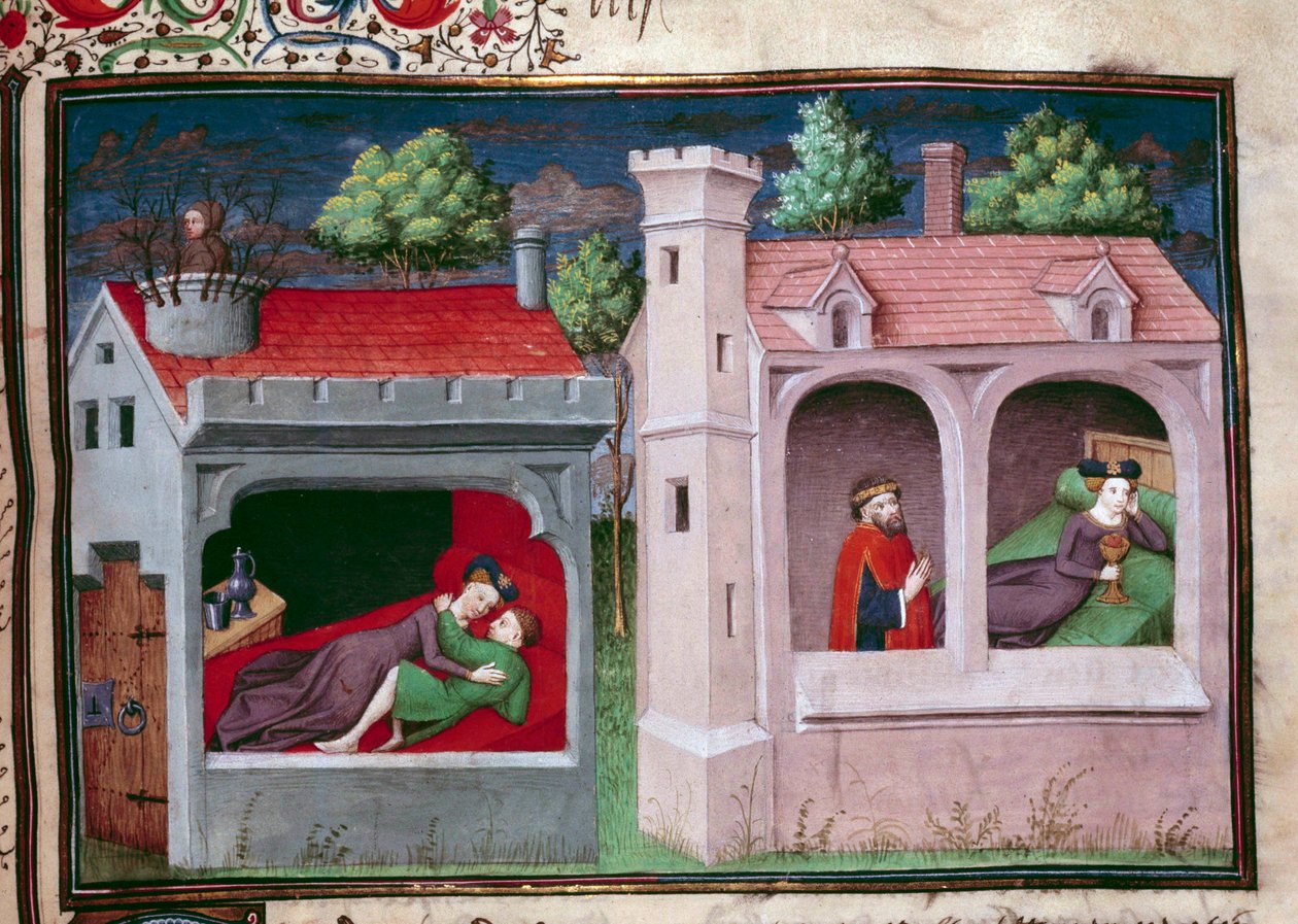 Scena galante: due coppie che parlano. Pagina di un manoscritto in francese del "Decameron" di Giovanni Boccaccio detto Jean Boccace (1313-1375), scrittore italiano, miniato dal Maestro di Mansel. 1450. Parigi, Biblioteca dell