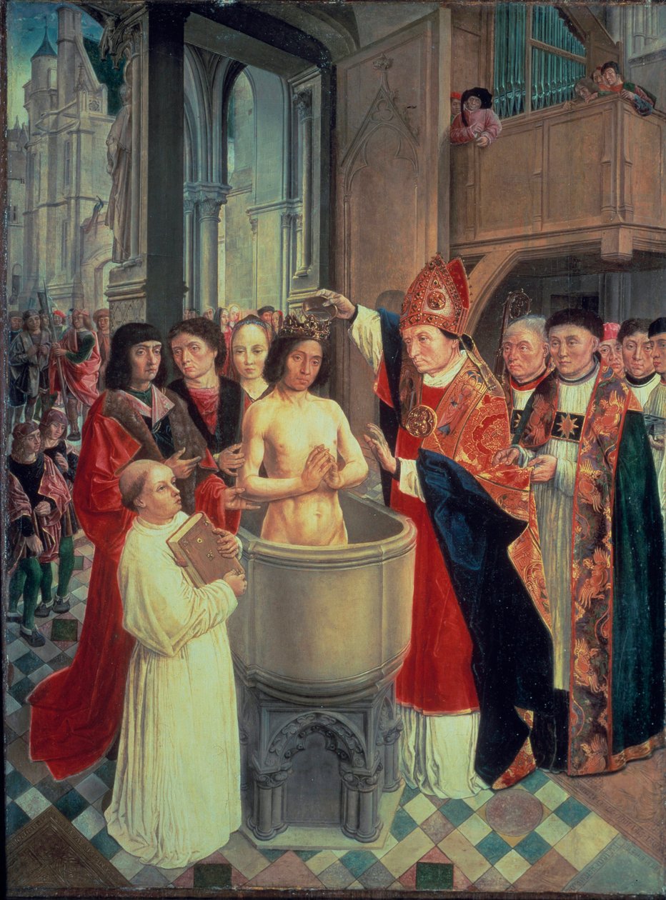 Il battesimo di Clodoveo I a Reims da San Remigio il 25/12/496 (o 499) da Master of Saint Giles
