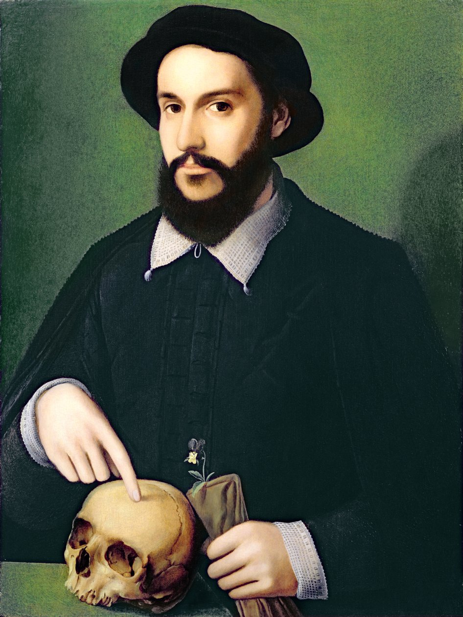 Ritratto di un gentiluomo con la mano destra che indica un teschio, c.1540 da Master of the 1540s