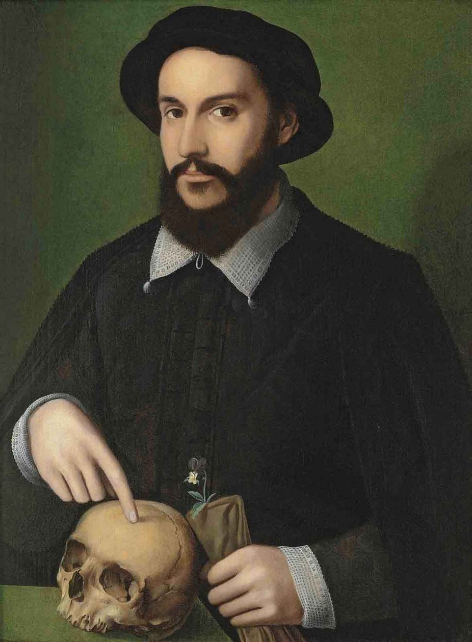 Ritratto di un uomo che indica un teschio da Master of the 1540s