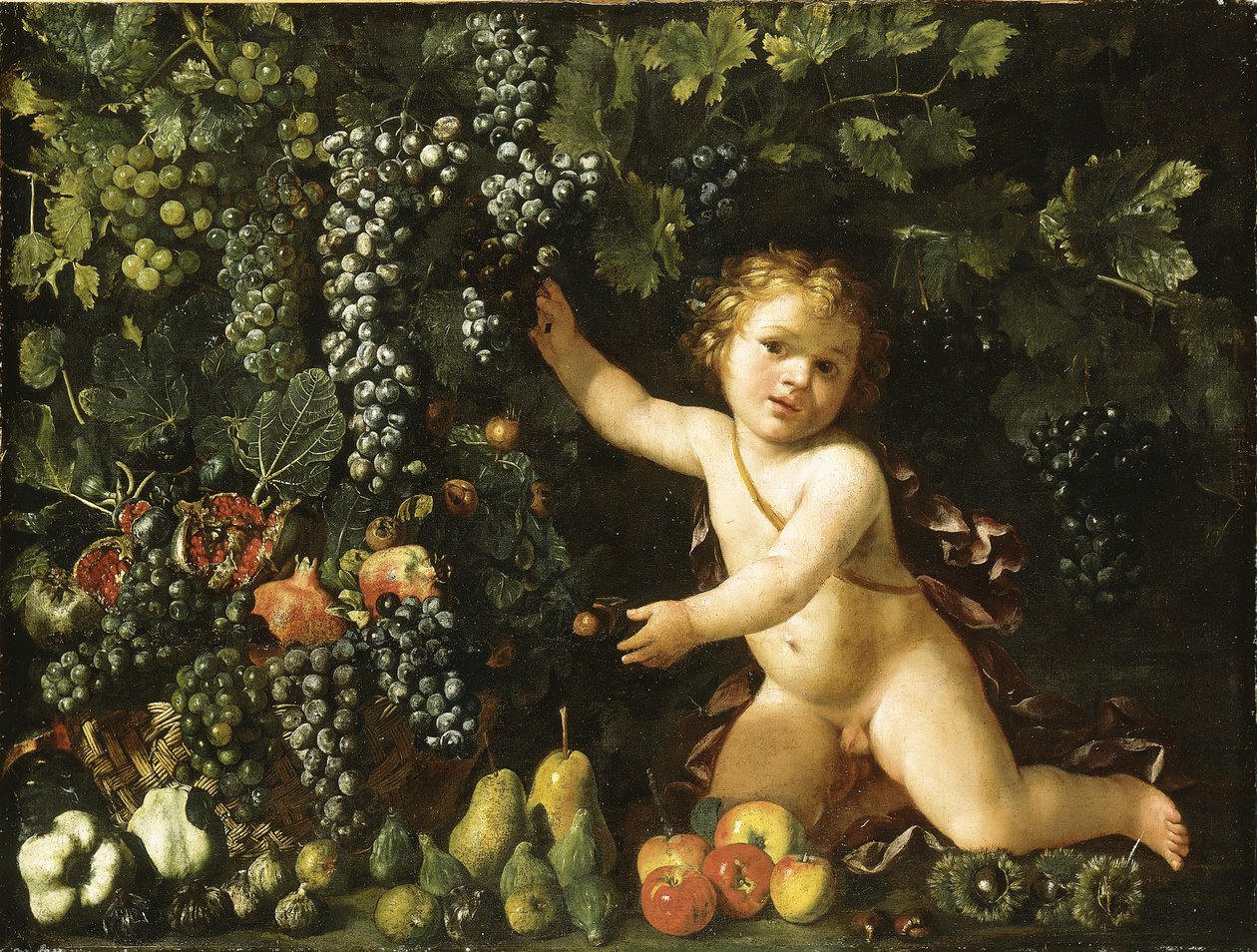 Uva sulla vite, melograni, uva e cinorrodi in un cesto, con fichi, mele, pere e castagne accanto a un putto da Master of the Acquavella Still Life