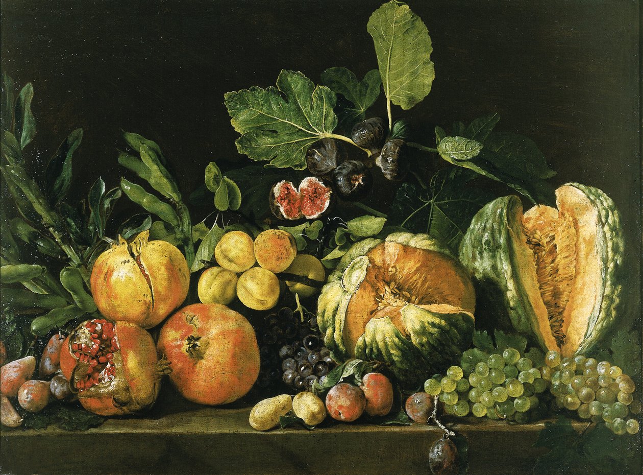 Melograni, meloni, uva, pesche, fichi e altri frutti su un ripiano di pietra da Master of the Acquavella Still Life