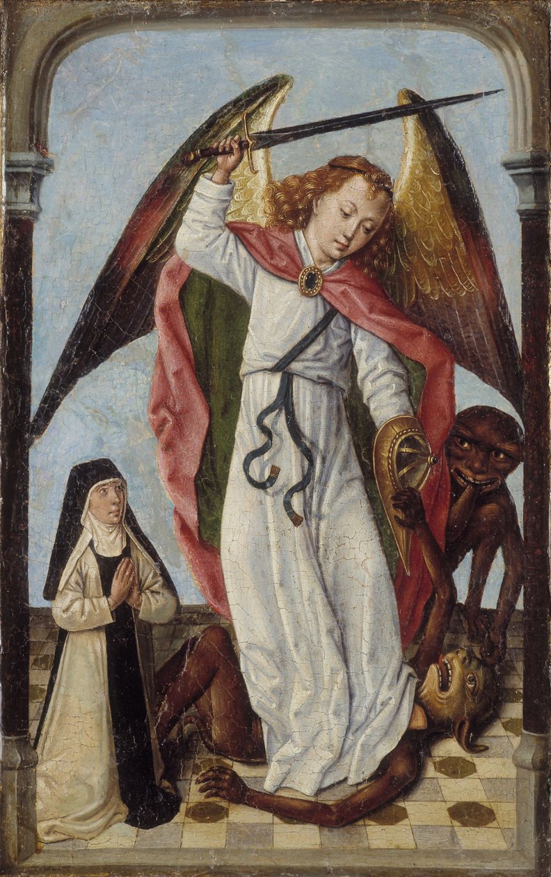 San Michele che combatte i demoni alla presenza di una suora da Master of the Bruges Legend of St. Ursula