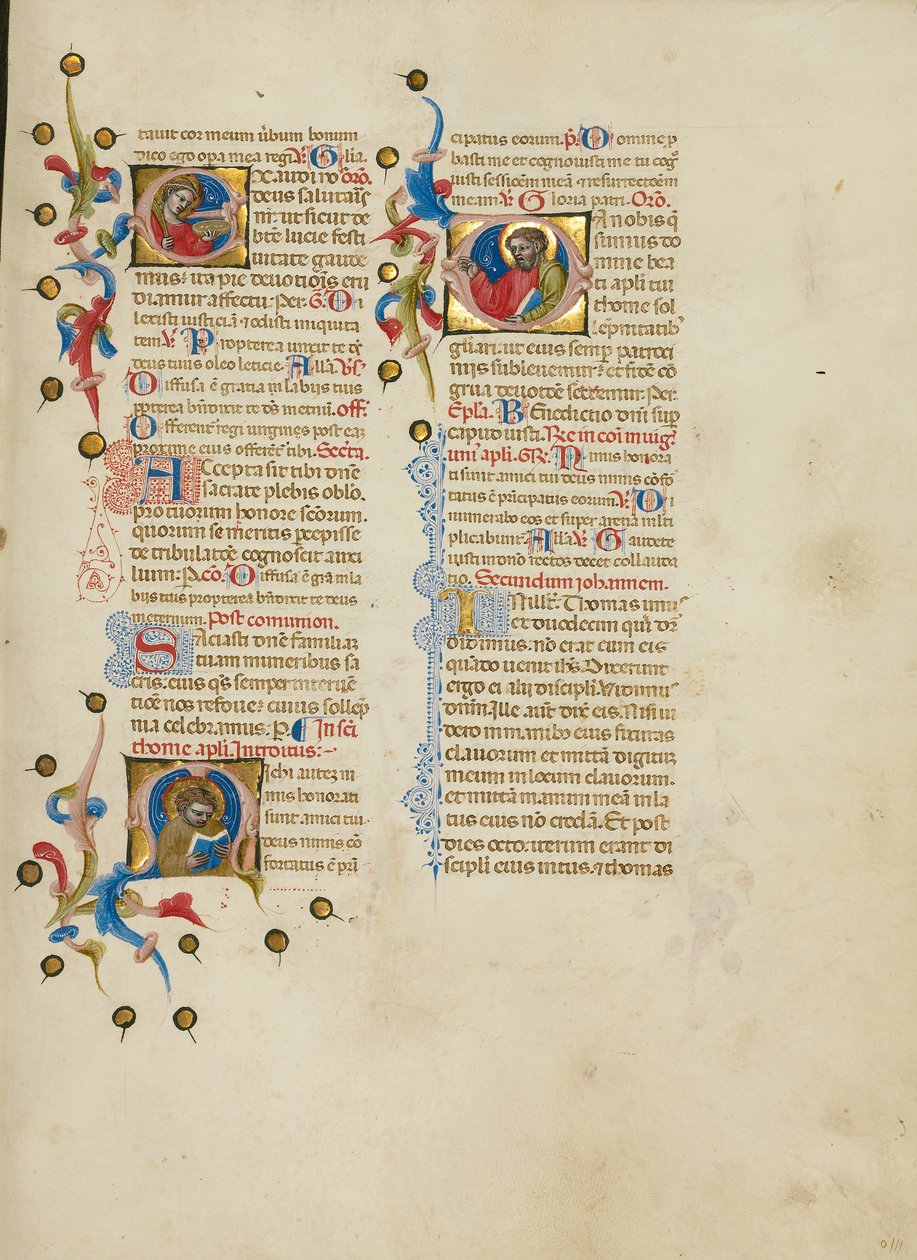 Iniziale E: Santa Lucia; iniziale M: San Tommaso; iniziale D: San Tommaso Predica da Master of the Brussels Initials