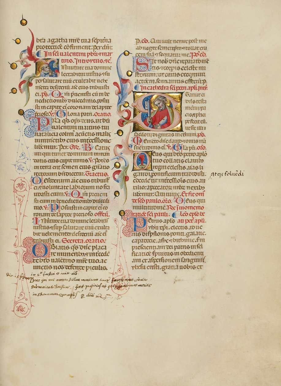 Iniziale I: San Valentino; iniziale S: San Pietro. da Master of the Brussels Initials