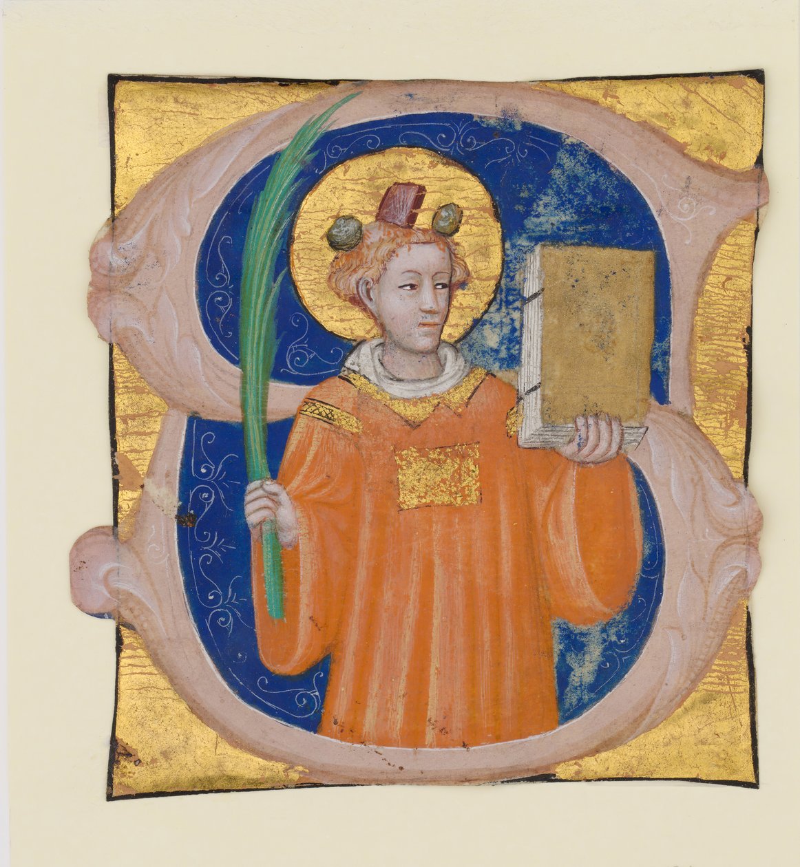 Manoscritto Miniato con Santo Stefano in una Iniziale S, da un Antifonario, ca. 1410-20 da Master of the Brussels Initials