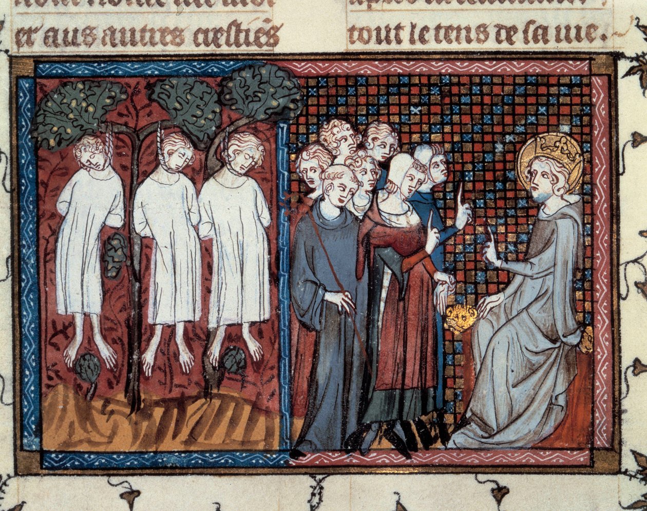 Esecuzioni ordinate da Enguerrand IV de Coucy. Luigi IX che rende giustizia. Miniatura di Mahiet in "Vita e miracoli di San Luigi", manoscritto di Guillaume De Saint Pathus da Master of the Cambrai Missal Mahiet