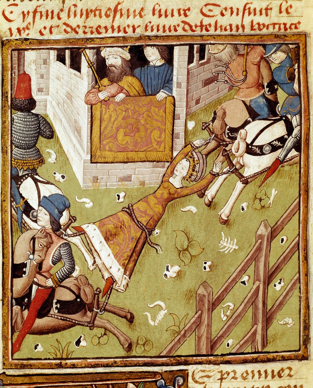 Tortura di Brunehaut: Brunehaut o Brunehilde (543-613), prigioniera di Clotario II, è fatta a pezzi dai cavalli che tirano i suoi arti da ogni lato. Miniatura del Maestro del Campione delle Dame dal manoscritto 