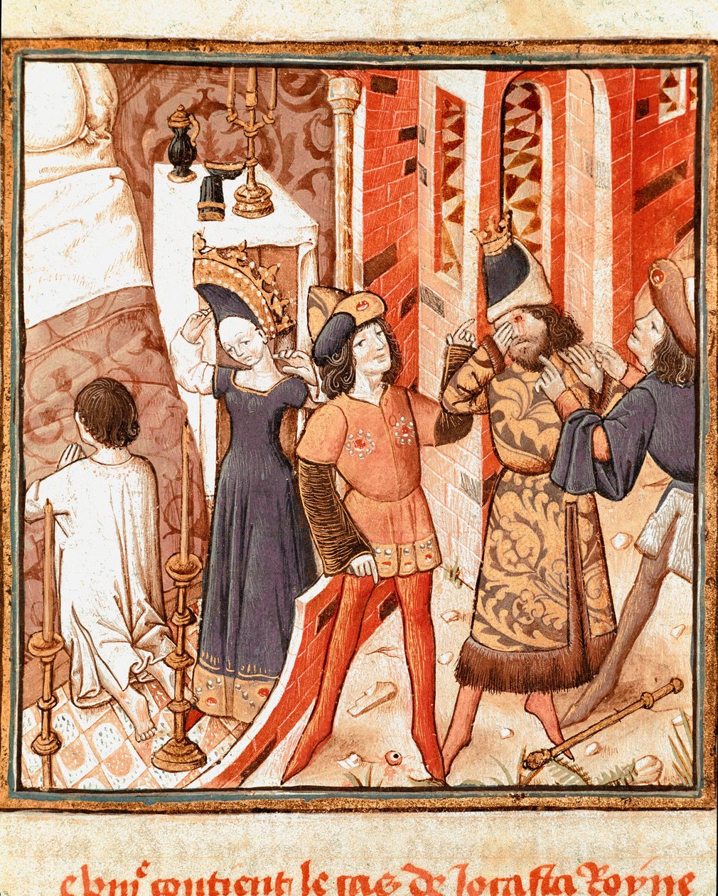 Leggenda di Giocasta, Regina di Tebe. Edipo, cieco, dopo aver scoperto di aver ucciso suo padre Miniatura del Maestro del Campione delle Dame (XV secolo) dal manoscritto "Degli uomini illustri" di Giovanni Boccaccio (Jean Boccaccio) (1313-1375). XV secolo da Master of the Champion des Dames