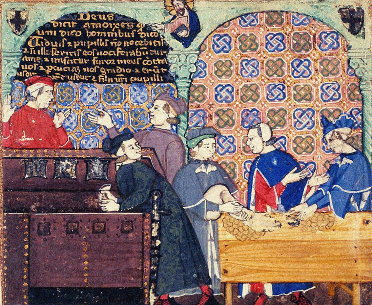 Avarizia. Una miniatura con scene di banca da Master of the Cocharelli Codex