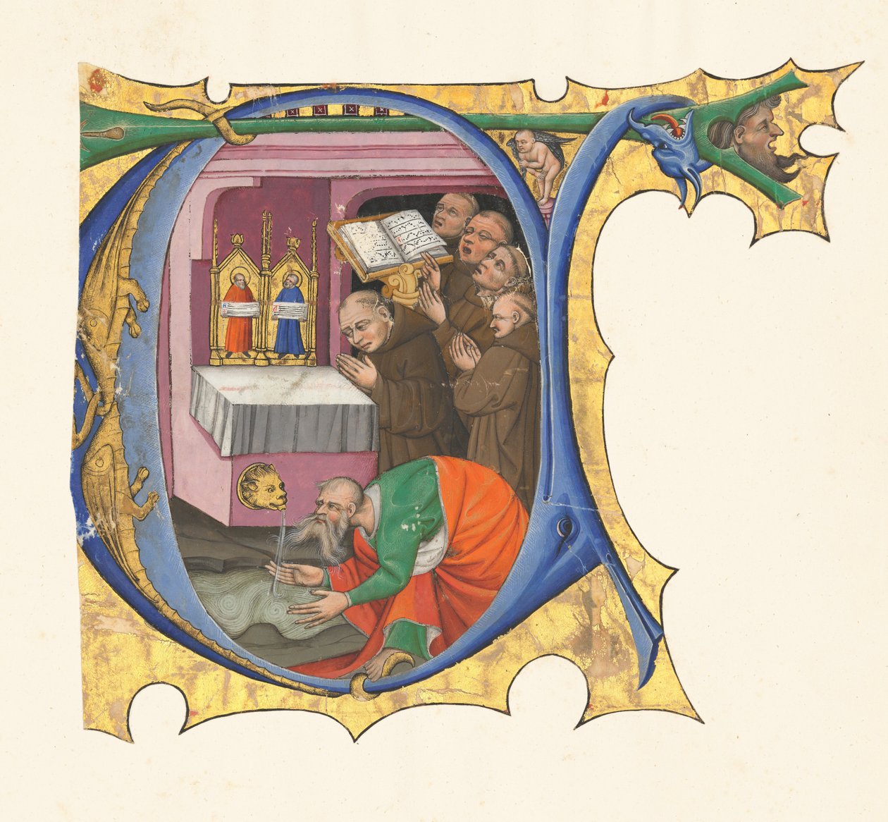 Iniziale T con un gruppo di monaci benedettini che cantano davanti a un altare da cui sgorga acqua da Master of the Cypresses