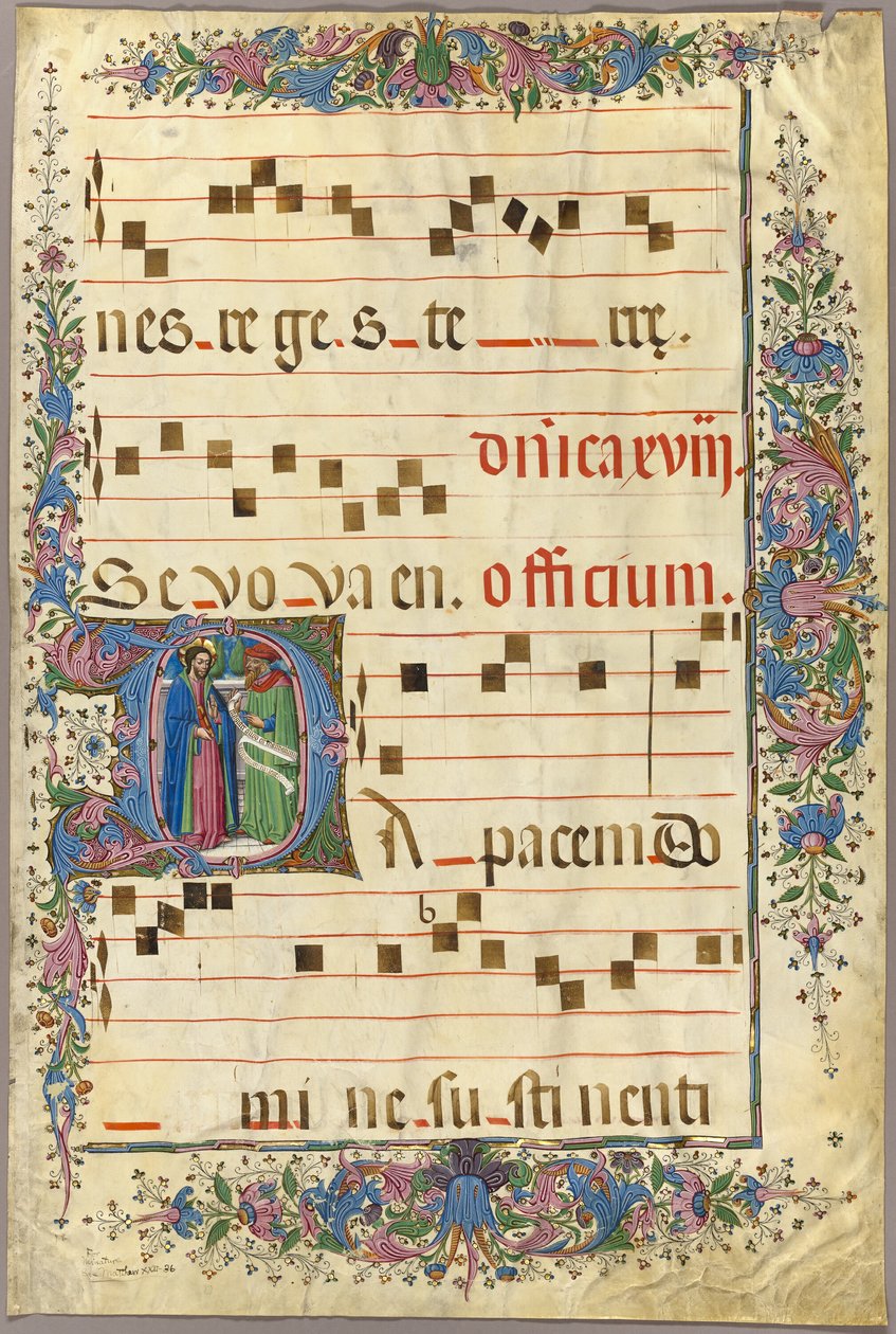 Pagina da un libro corale con Cristo e un fariseo in una lettera istoriata "D" da Master of the Cypresses