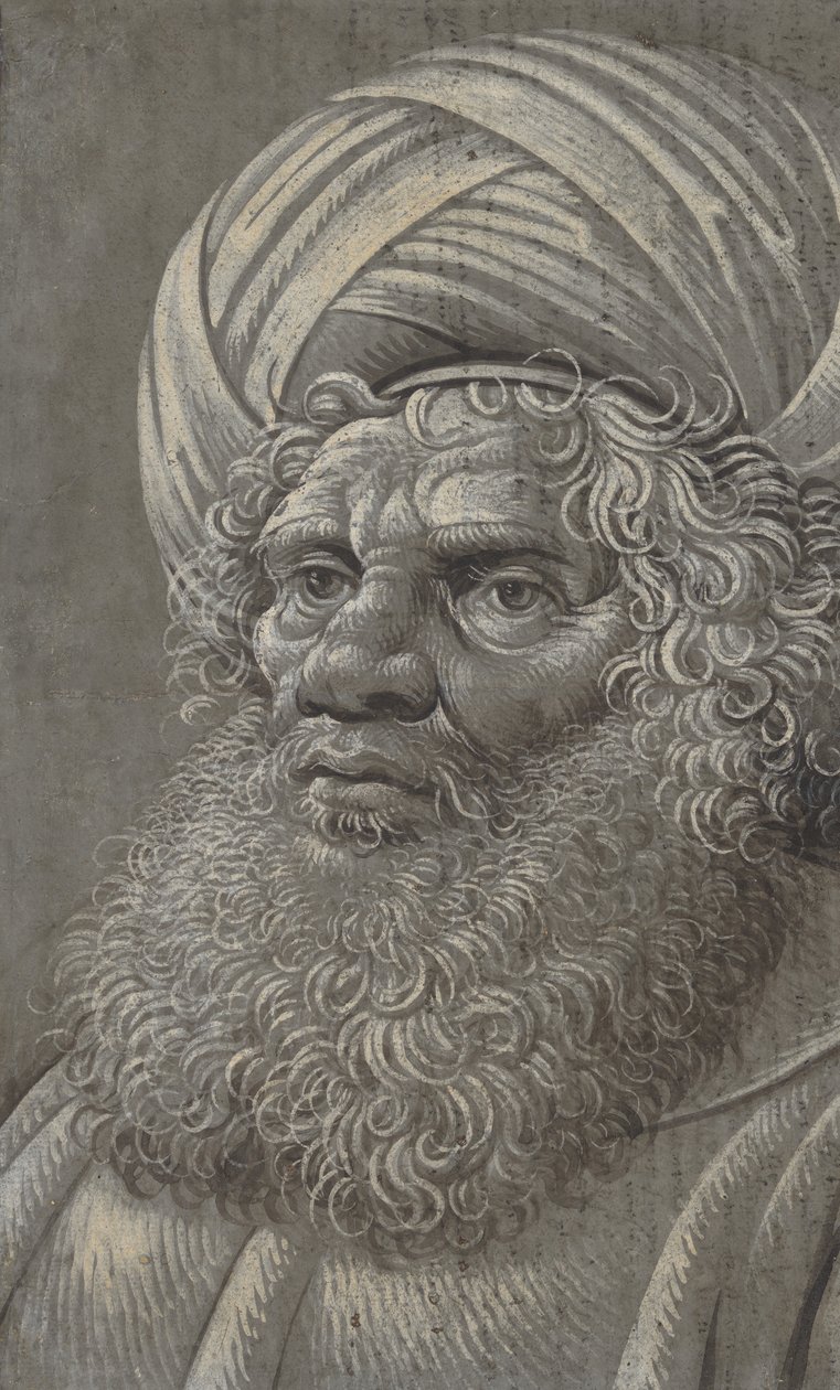 Testa di un uomo barbuto con turbante recto, scrittura latina verso, ca. 1510 da Master of the Death of Absalom