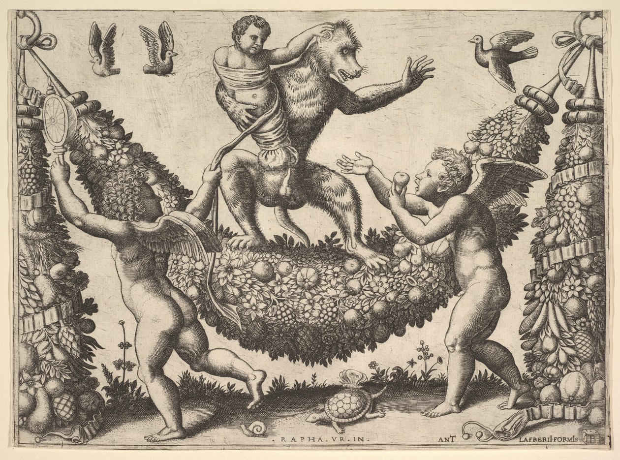 Una scimmia che tiene un putto legato in piedi su una ghirlanda davanti alla quale ci sono due putti alati da Master of the Die