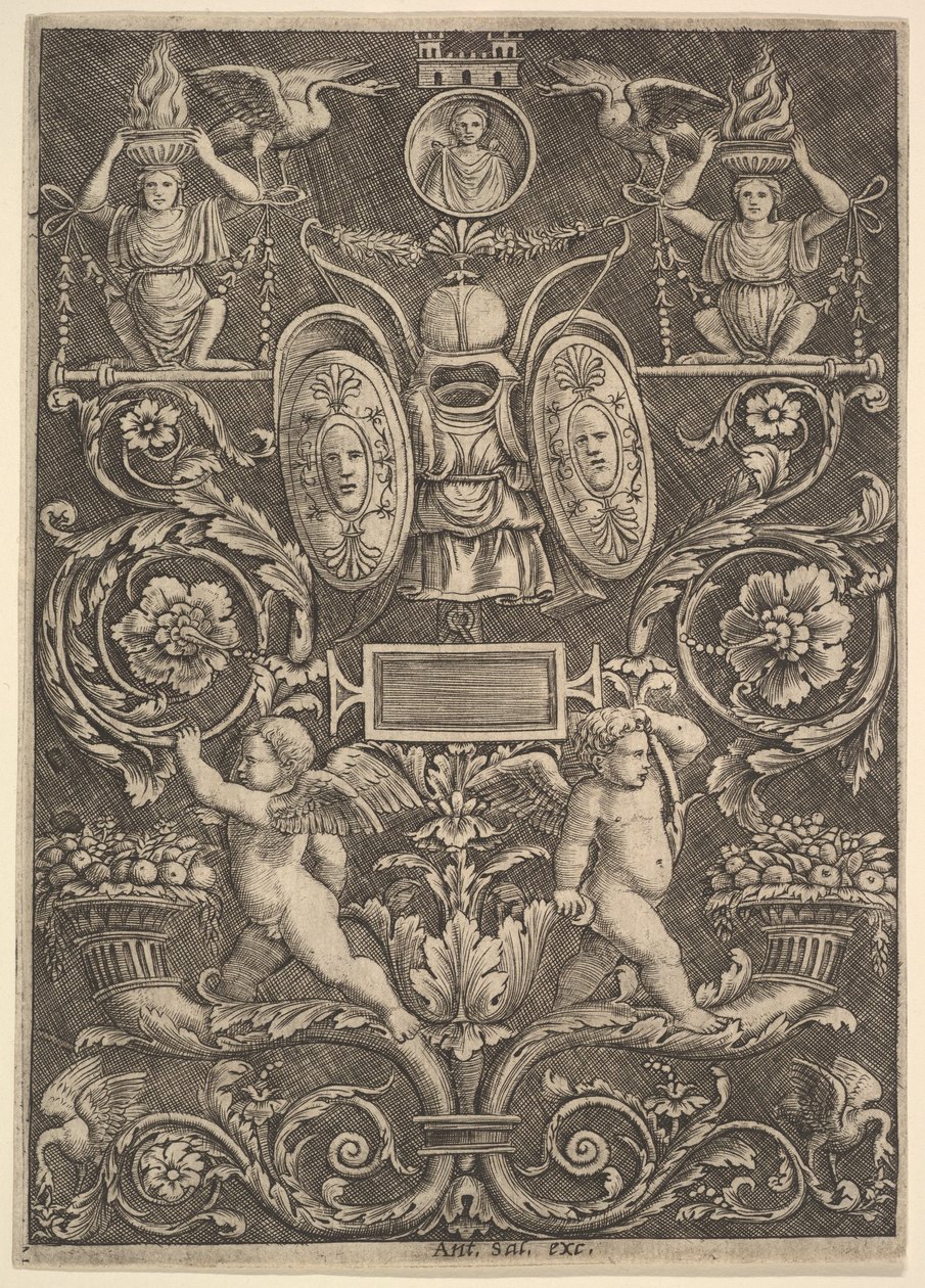 Pannello ornamentale, putti su cornucopia, 1530-60 da Master of the Die