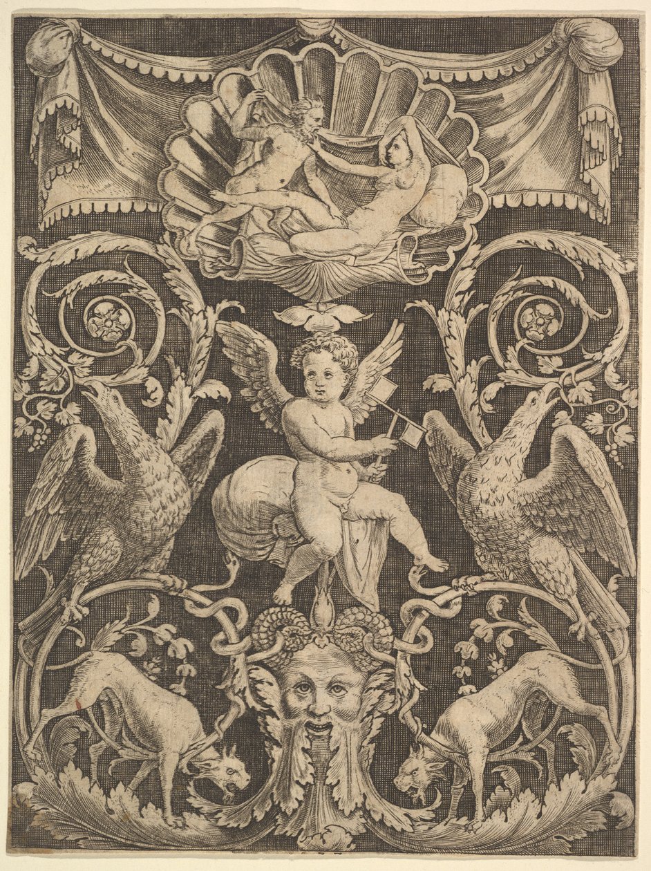 Un Pannello di Ornamento con un Putto al Centro che Tiene un Mulino a Vento, 1532 da Master of the Die