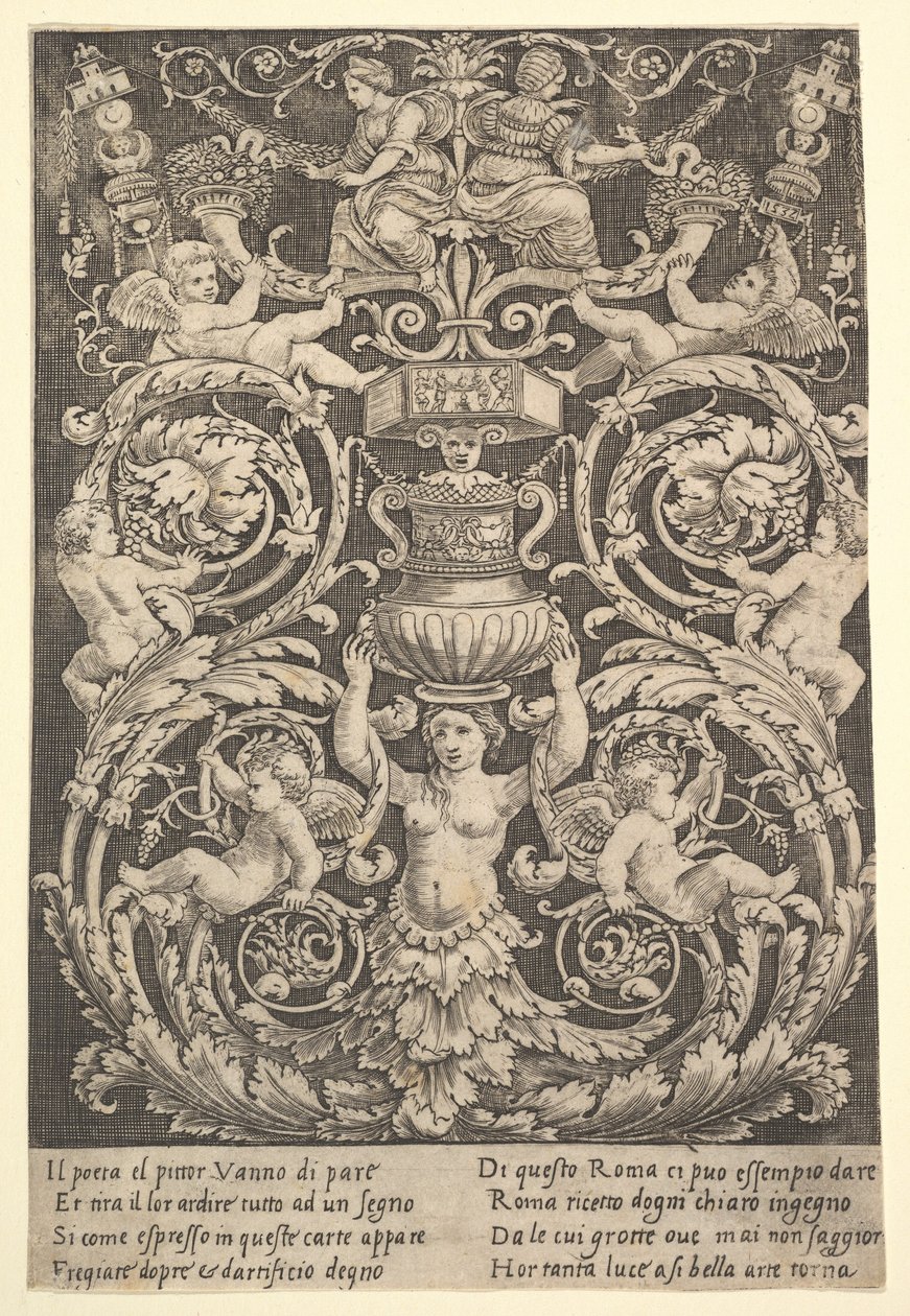 Pannello ornamentale con una donna che tiene un vaso al centro da Master of the Die