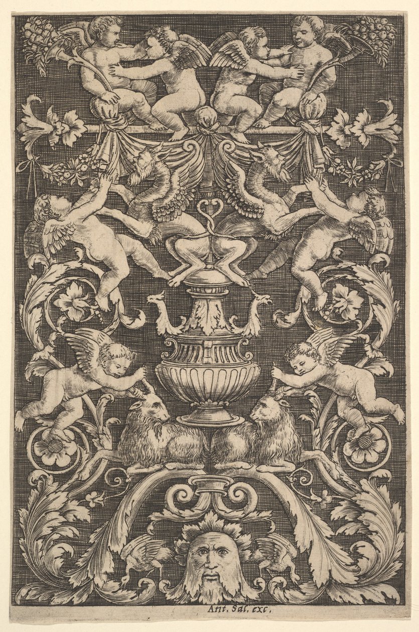 Un pannello di ornamento con putti, capra e altre figure da Master of the Die