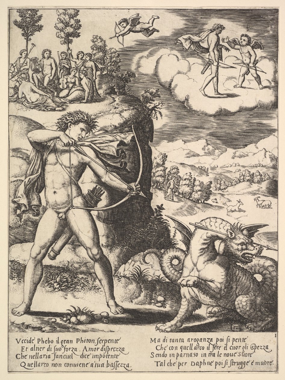 Apollo in piedi a sinistra che spara una freccia a un pitone, sopra a sinistra ci sono le muse..., 1530-60 da Master of the Die