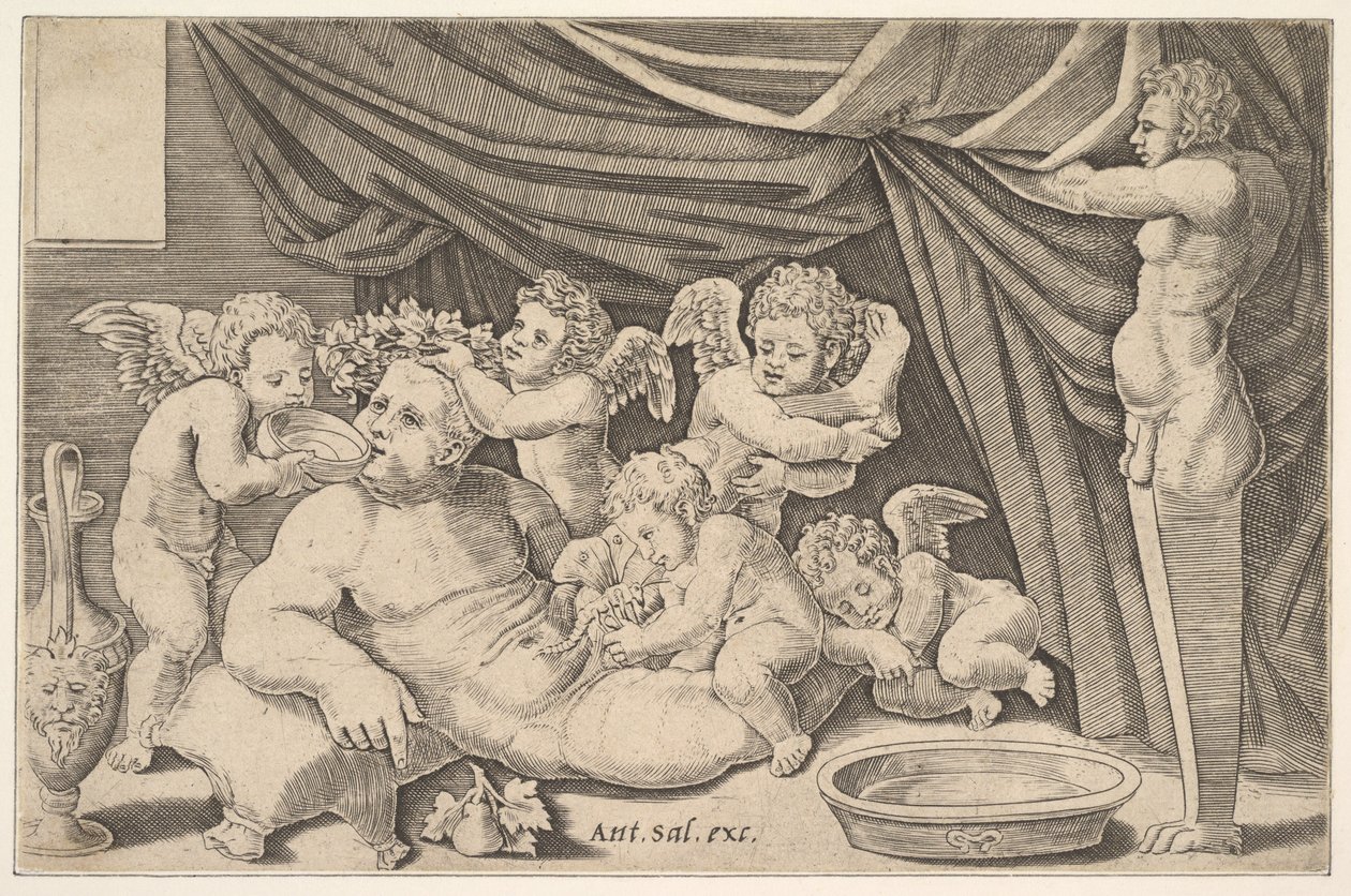 Bacco circondato da putti, una statua di Priapo a destra, 1530-60 da Master of the Die