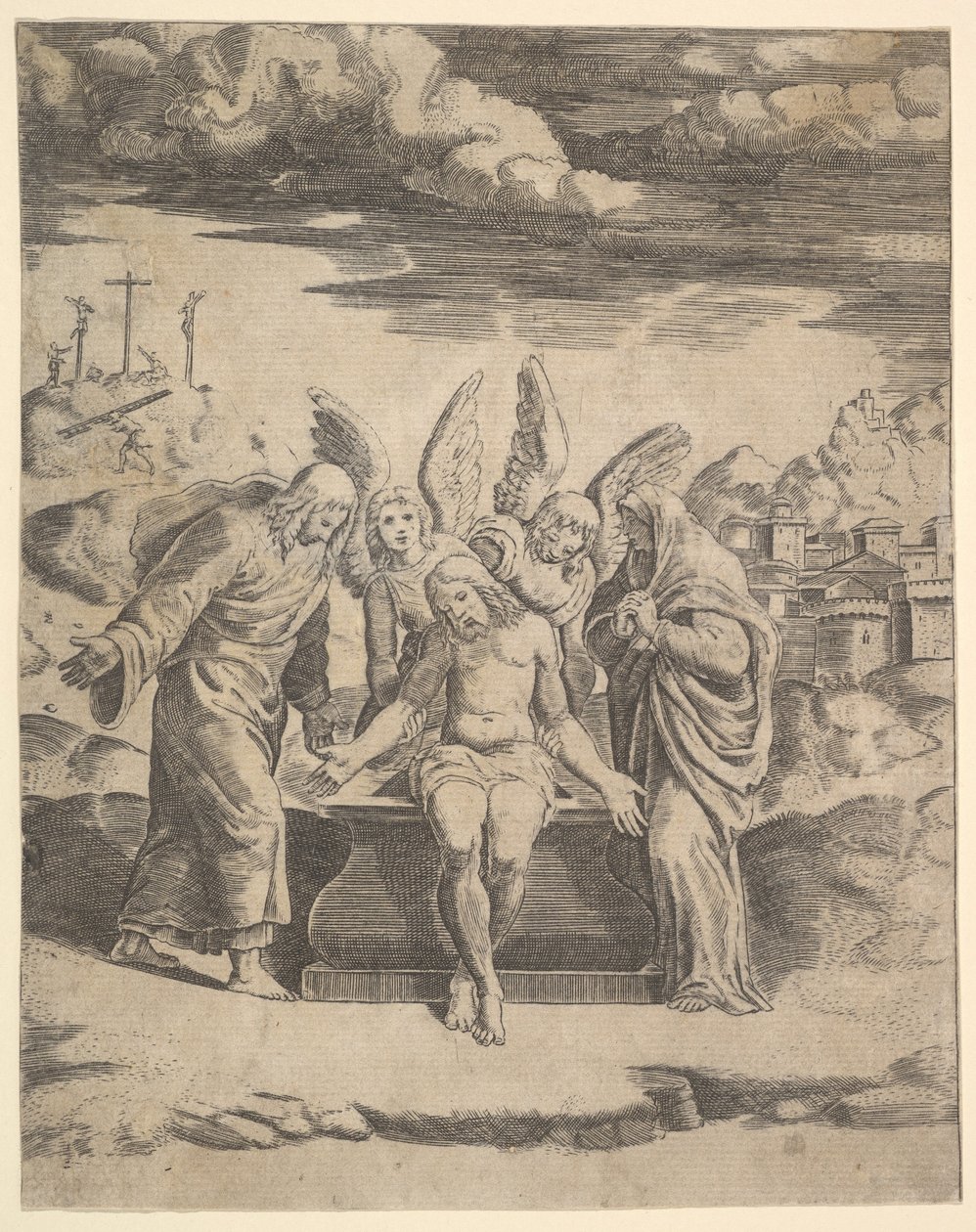Cristo seduto sulla tomba sostenuto da angeli, 1530-60 da Master of the Die