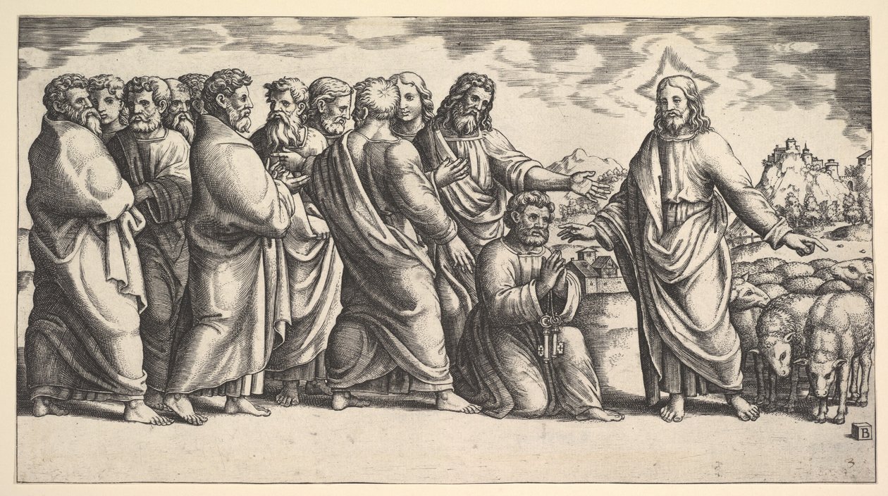 Cristo in piedi a sinistra che indica un gregge di pecore, davanti a lui inginocchiato San Pietro da Master of the Die