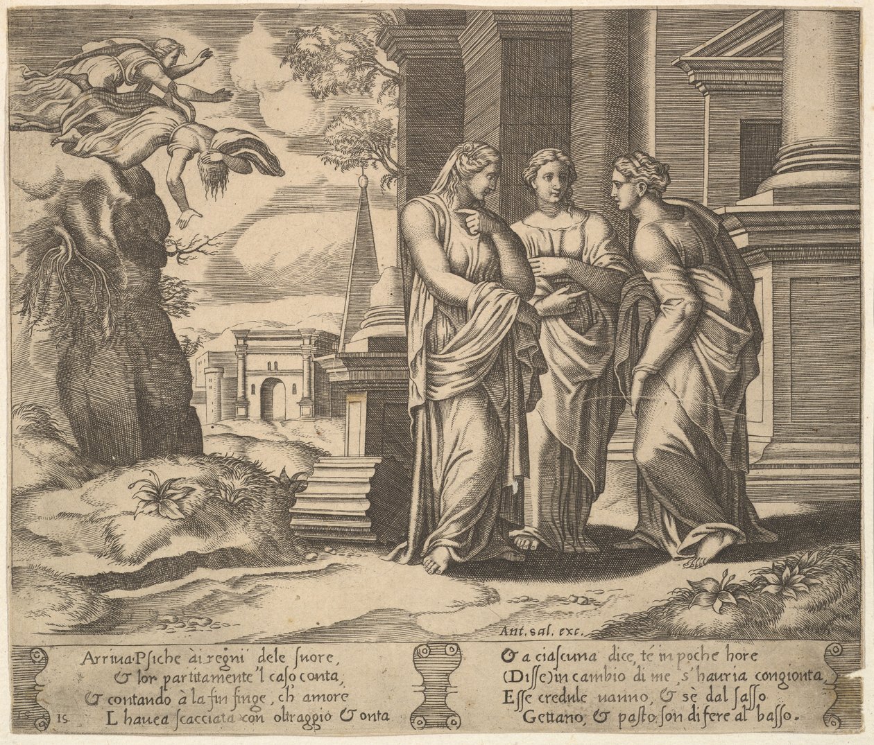 Tavola 15: Psiche racconta le sue disgrazie alle sue sorelle, da La favola di Psiche, 1530-60 da Master of the Die