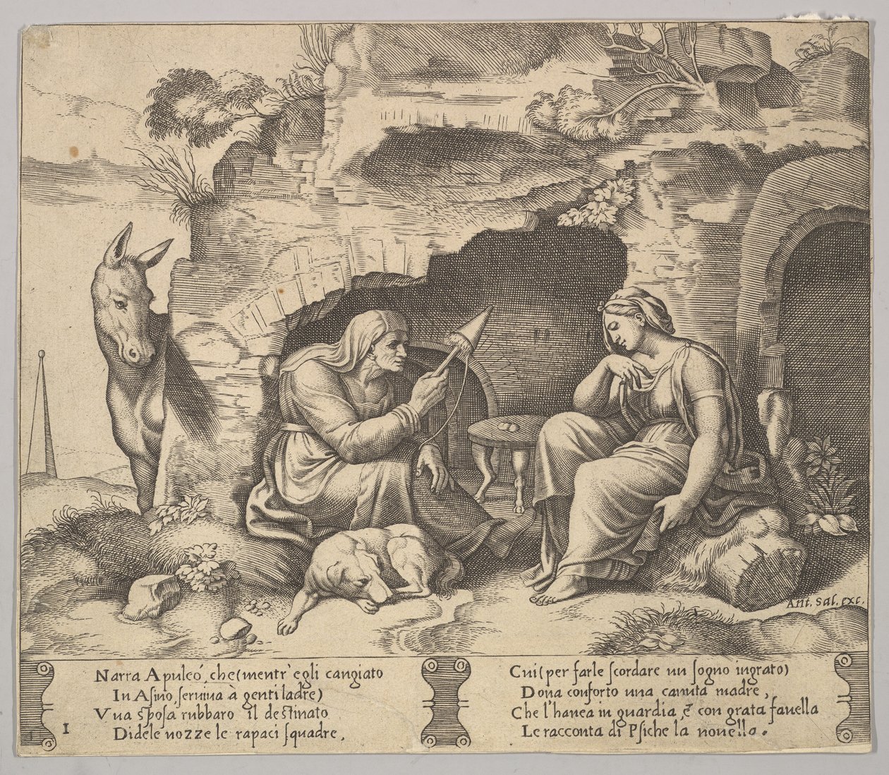 Tavola 1: Apuleio trasformato in asino ascolta la storia raccontata dalla vecchia, 1520-70 da Master of the Die