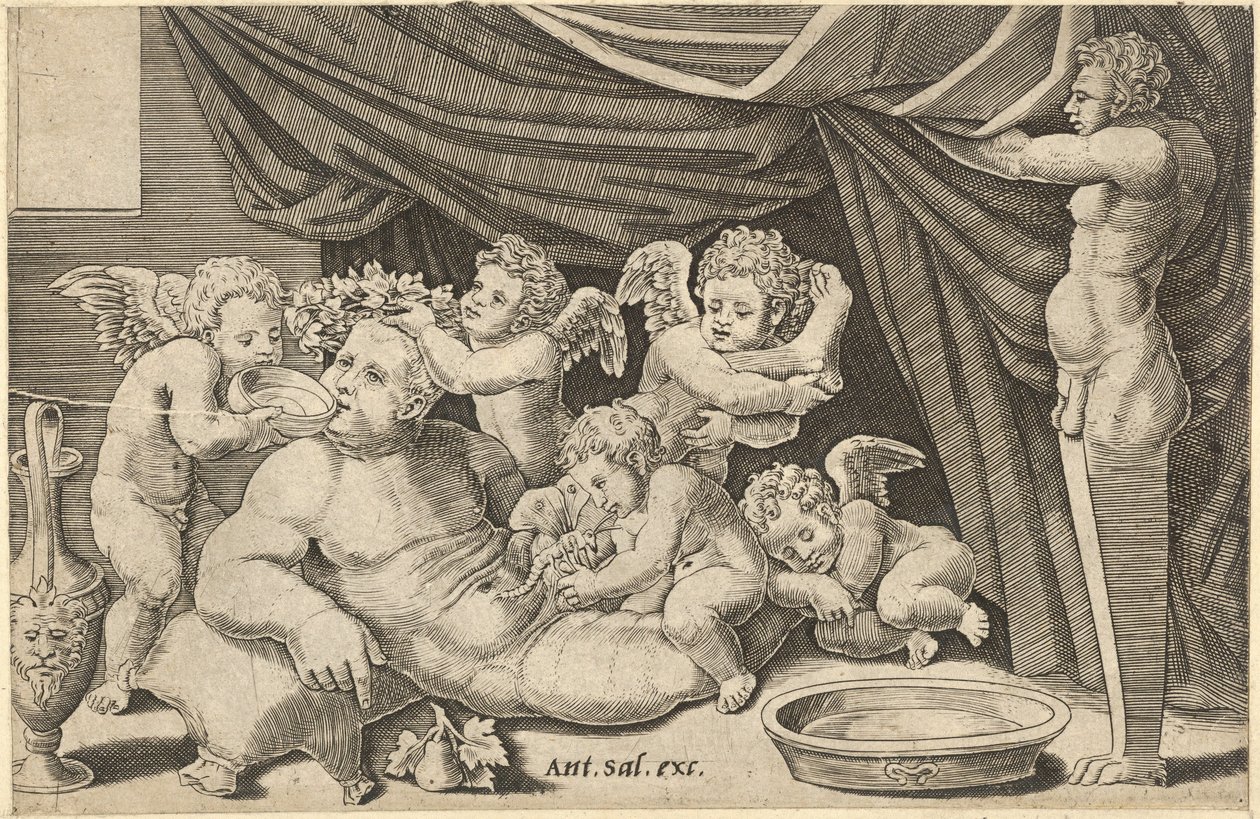 Speculum Romanae Magnificentiae: Bacco circondato da putti con Priapo che tiene, XVI secolo da Master of the Die