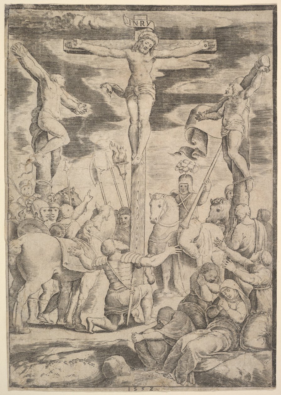 La conversione del Centurione che apre le braccia davanti a Cristo sulla croce da Master of the Die