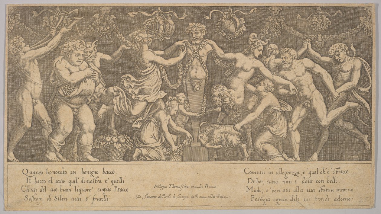 Il sacrificio a Priapo che è in forma di statua al centro, Bacco e un sa..., 1530-60 da Master of the Die