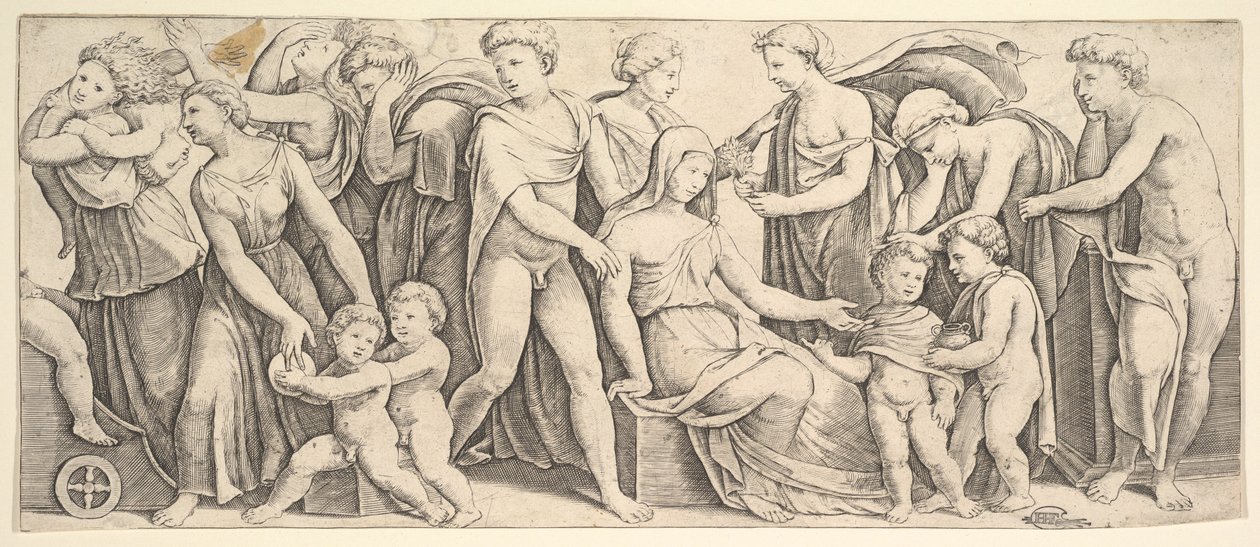 Il matrimonio di Giasone e Creusa, a sinistra Medea prende i suoi figli, 1530-60 da Master of the Die