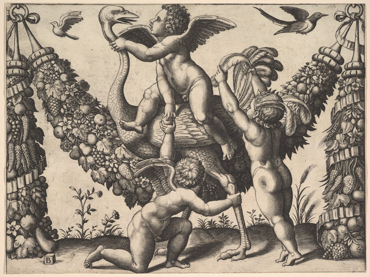 Tre putti davanti a una grande ghirlanda, quello al centro cavalca uno struzzo, ca. 1530-40 da Master of the Die