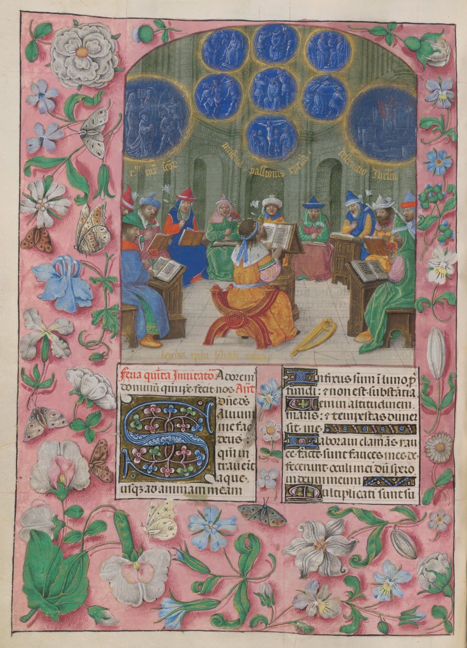 Davide e i cantori del Tempio. Il Salterio. Davide e i cantori del Tempio. I cantori portano fiori allegorici, sotto visioni della Passione, delle sofferenze dei martiri e della distruzione di Gerusalemme. L