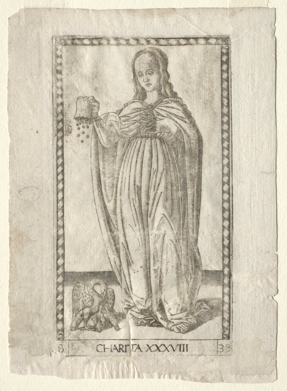 Carità dai Tarocchi, serie B: Principi Cosmici e Virtù, #38, prima del 1467 da Master of the E Series Tarocchi