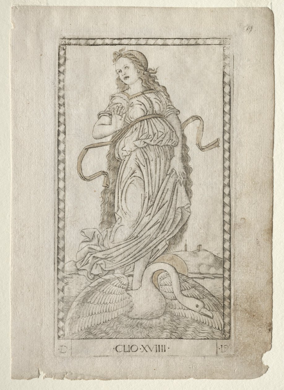 Clio storia dalla serie Tarocchi D: Apollo e le Muse, #19, prima del 1467 da Master of the E Series Tarocchi