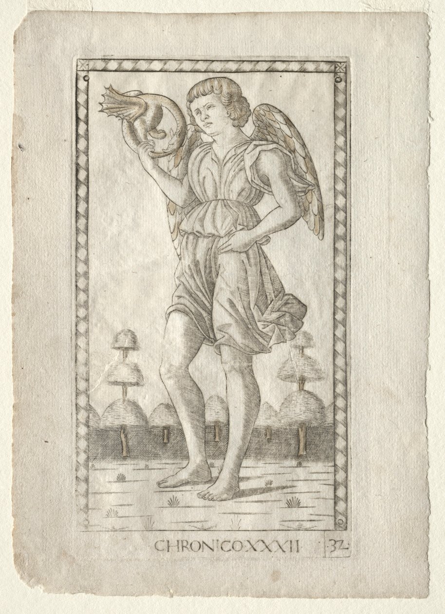 Genio del Tempo dai Tarocchi, serie B: Principi Cosmici e Virtù, #32, prima del 1467 da Master of the E Series Tarocchi