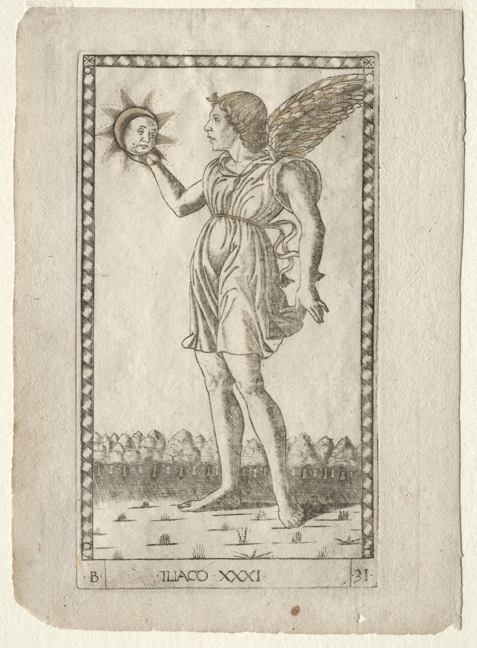 Genio del Sole dai Tarocchi, serie B: Principi Cosmici e Virtù, #31, prima del 1467 da Master of the E Series Tarocchi