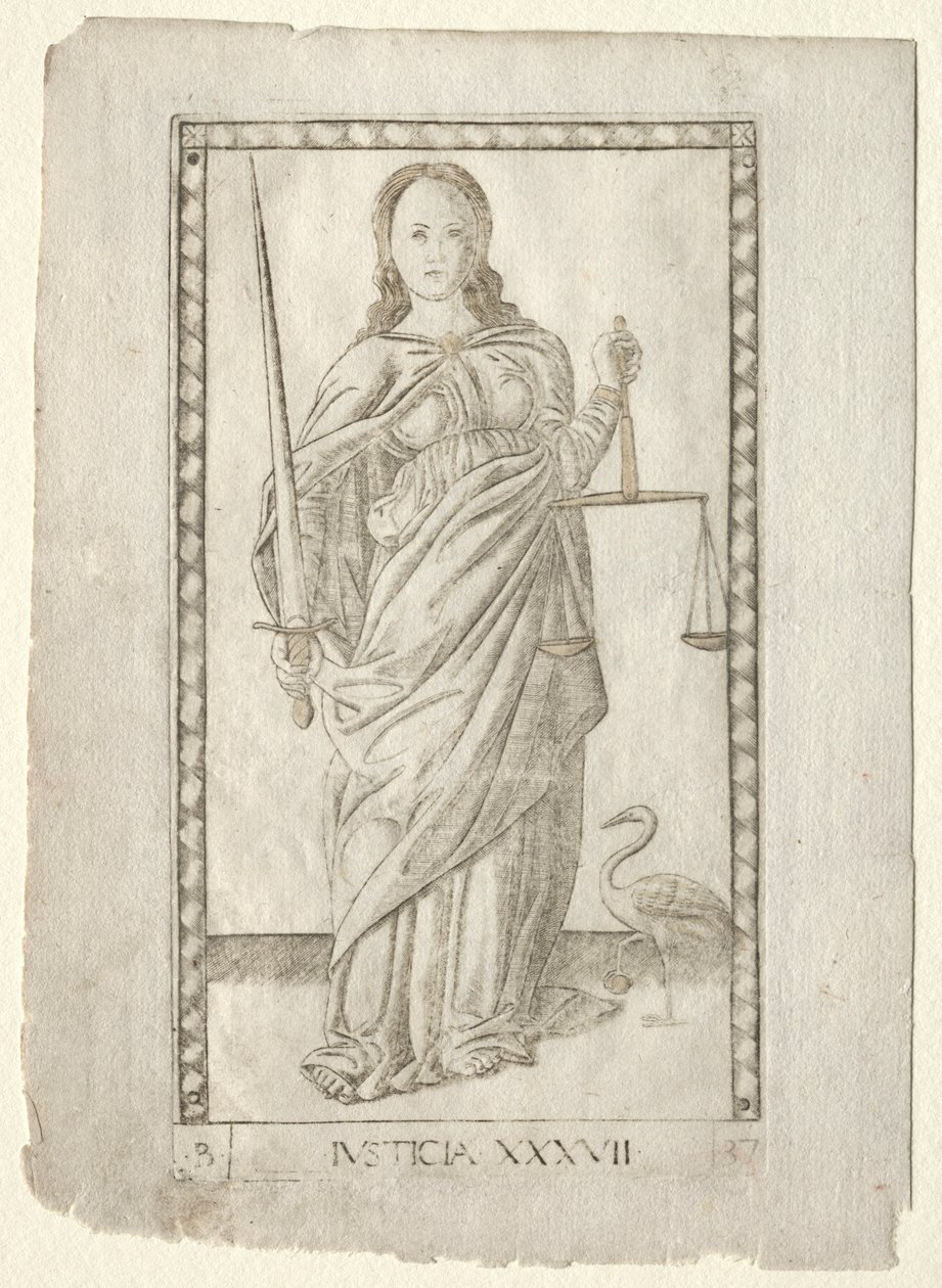 Giustizia dai Tarocchi, serie B: Principi Cosmici e Virtù, #37, prima del 1467 da Master of the E Series Tarocchi