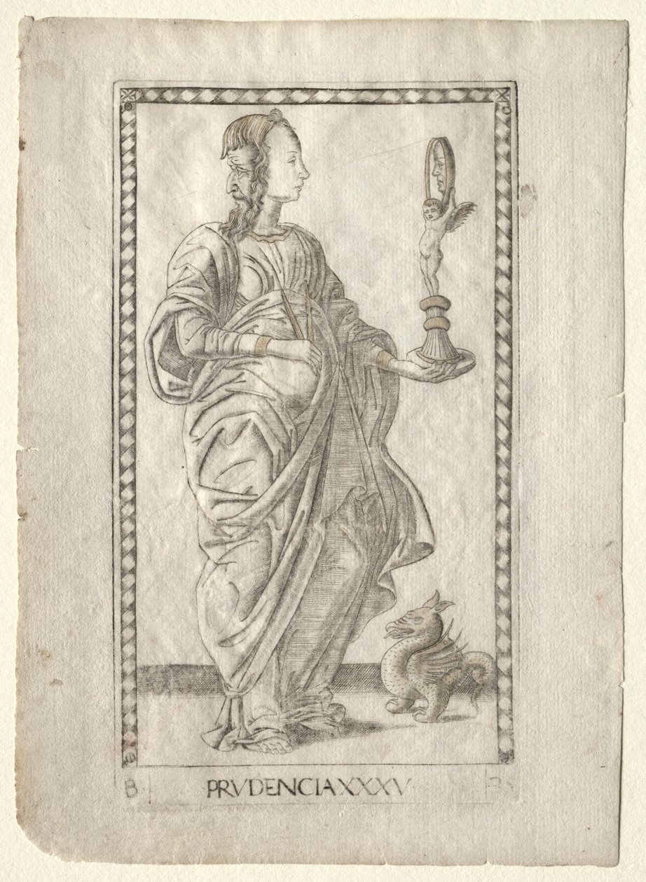 Prudenza dai Tarocchi, serie B: Principi cosmici e virtù, #35, prima del 1467 da Master of the E Series Tarocchi