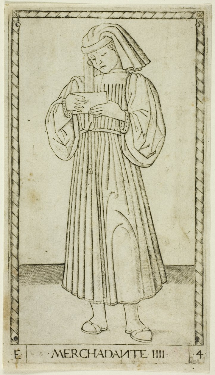 Il mercante, tavola quattro da "I ranghi e le condizioni degli uomini" da Master of the E Series Tarocchi