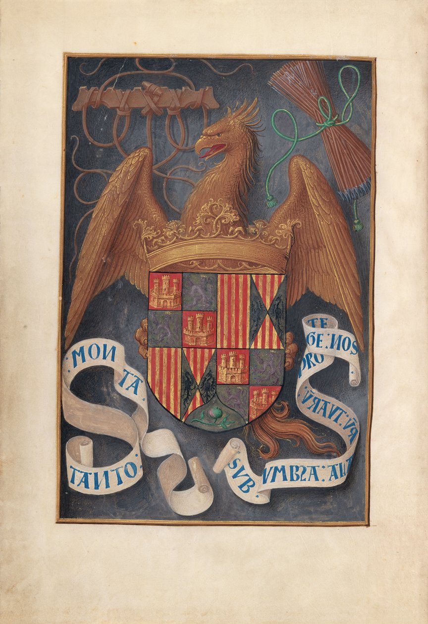 Ore di Isabella la Cattolica, Regina di Spagna: Fol. 1v, Stemmi e motti di Isabella la Cattolica da Master of the First Prayerbook of Maximillian