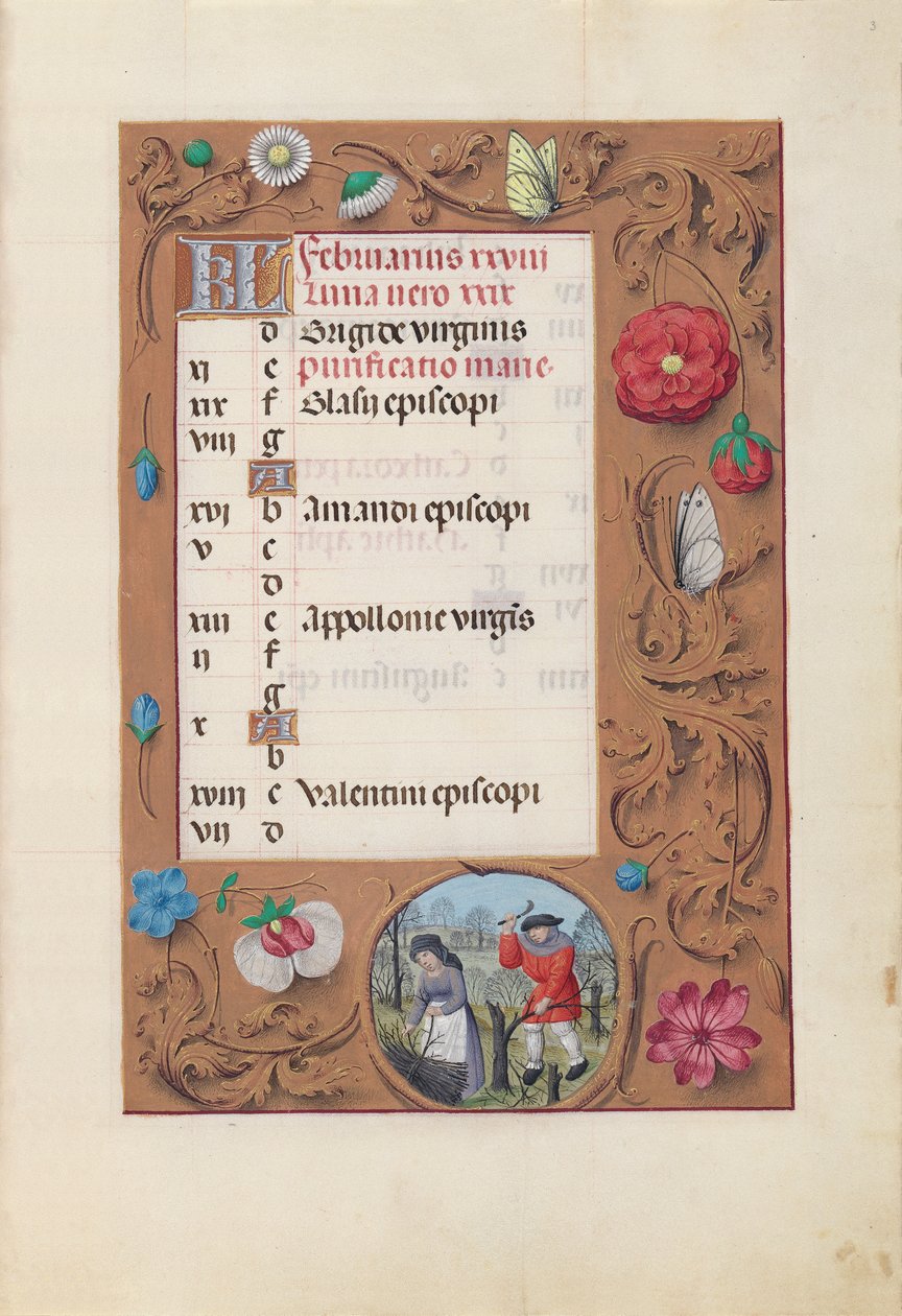 Ore di Isabella la Cattolica, Regina di Spagna: Fol. 3r, febbraio, c. 1500 da Master of the First Prayerbook of Maximillian